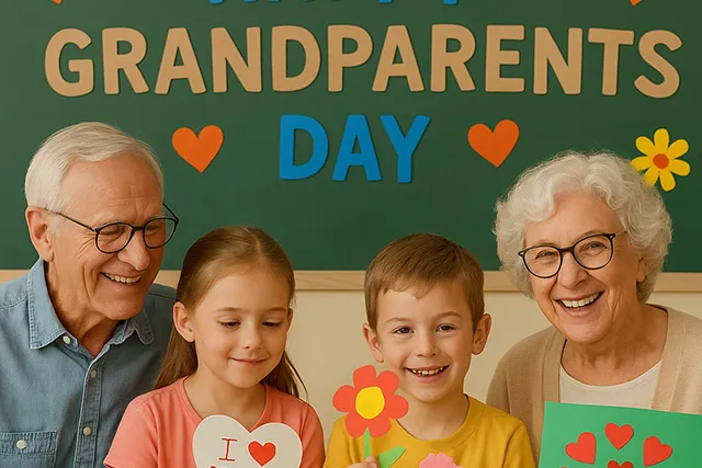 Grandparents and kids enjoying Grand Parents Day Activities in a classroom filled with handmade crafts, heart decorations, and cheerful artwork celebrating their special bond.